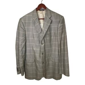 Faconnable Wool Silk Windowpane Houndstooth Blazer Tan Navy Green Men’s Sz 42L